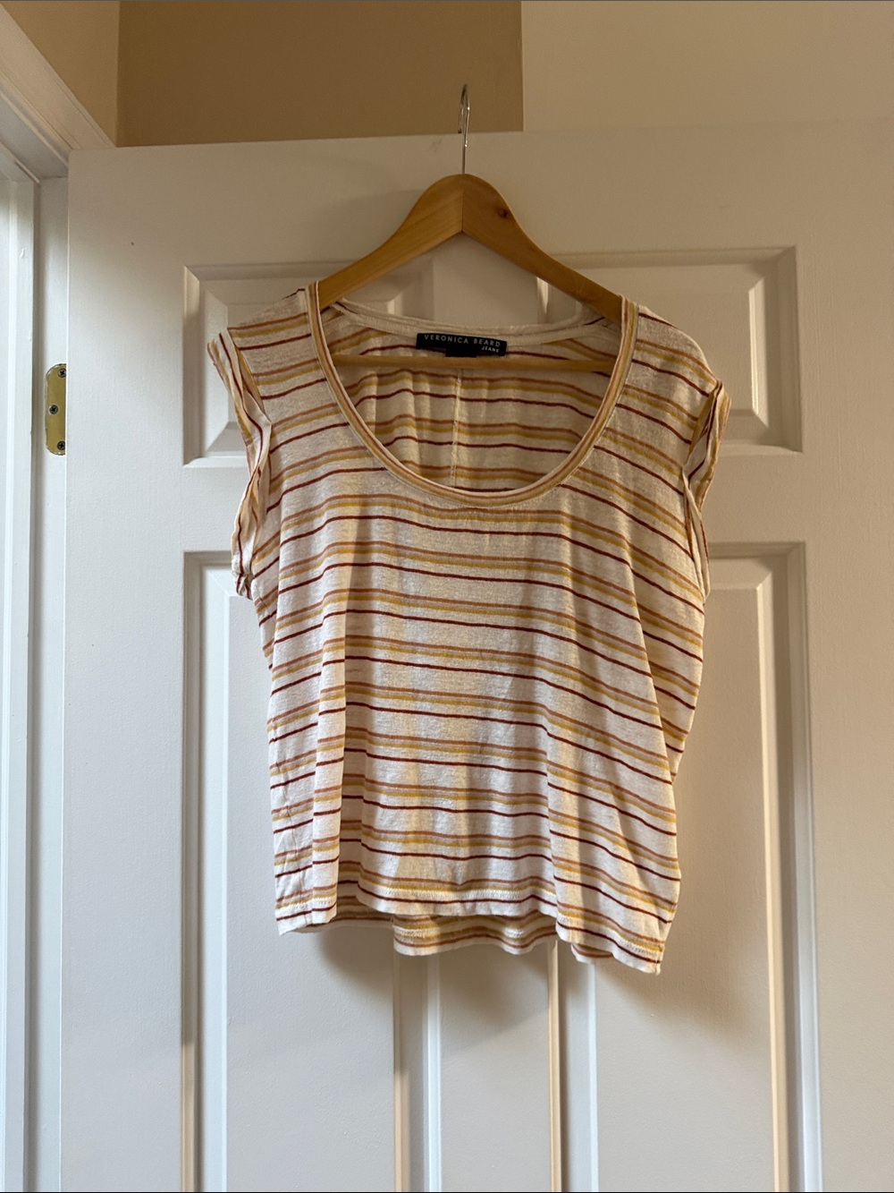 Veronica Beard Linen Tee with Mustard & Rust Stripes